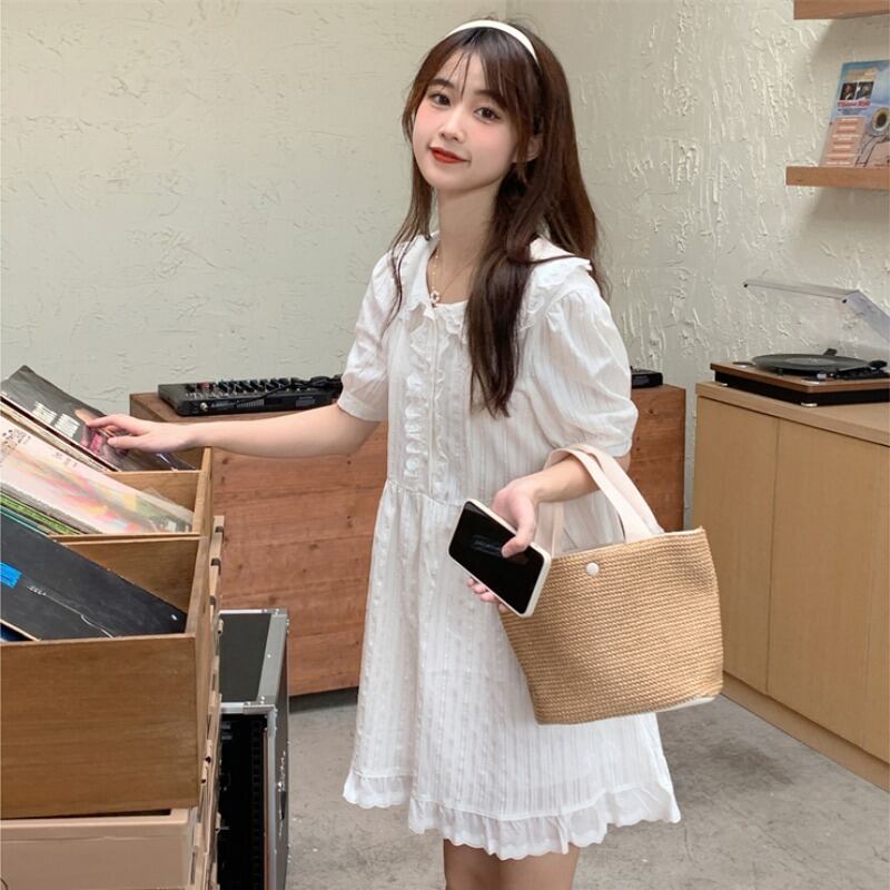 カラーレースドレス サマーショートスカート スタイルスリーブソリッド 夏物 ソリッドカラー 萌量不足55429728210