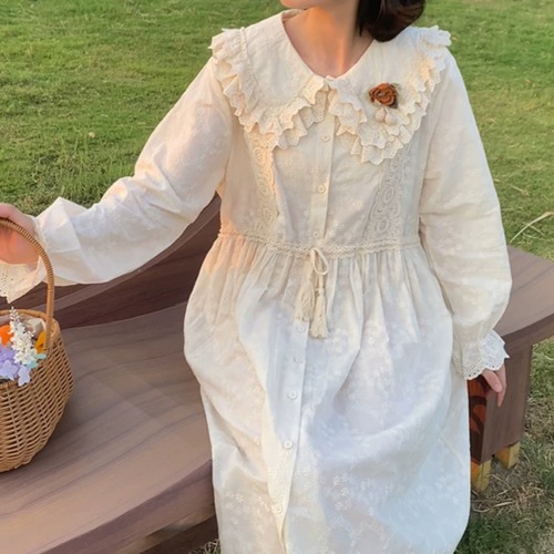 Wレースカラー花刺繍ロングワンピース ・12050