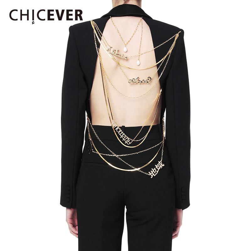 CHICEVERパッチワークスパンコールブレザー女性ノッチカラー長袖バックレス中空アウトコート2020タイド ロング 6base525771845819