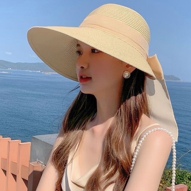 【予約販売】麦わら帽子 リボン ハット レディース UVカット アウトドア 日焼け防止 紫外線 クリーム ベージュ ピンク 女優帽 こなれ感 お洒落 韓国 トレンド