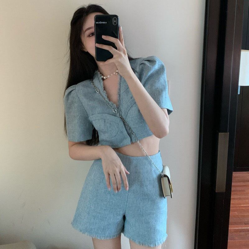 サマーブルーVネックスリーブトップス ウェストAラインショーツ 夏物 ブルマー YY-ファッション53365349802