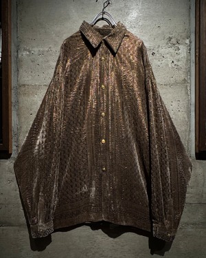 【Caka】Scarf Pattern Vintage Loose L/S Velour × Sheer Shirt