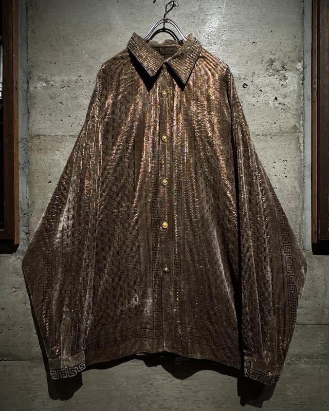 【Caka】Scarf Pattern Vintage Loose L/S Velour × Sheer Shirt