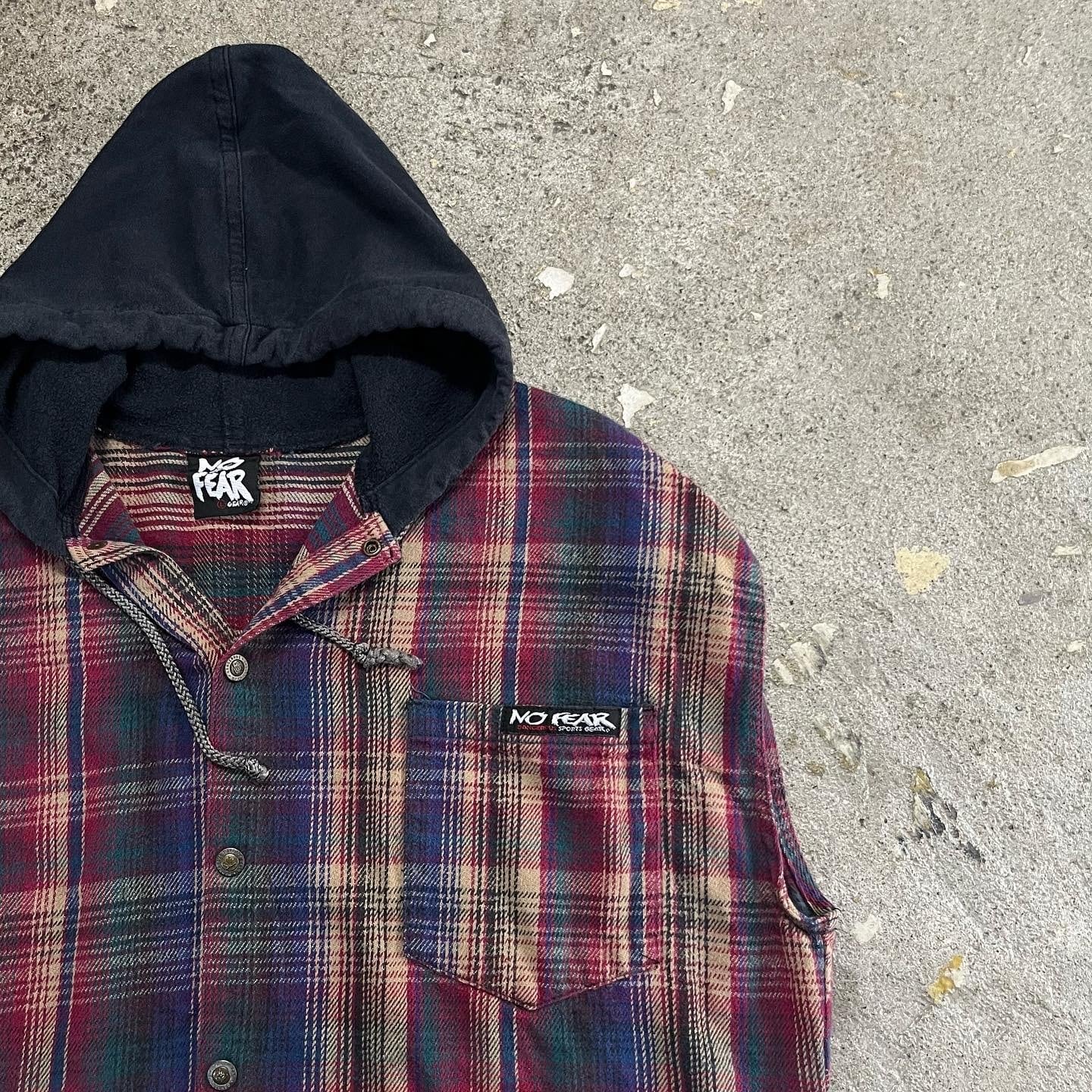 90s No Fear no sleeve flannel shirt parka | What'z up