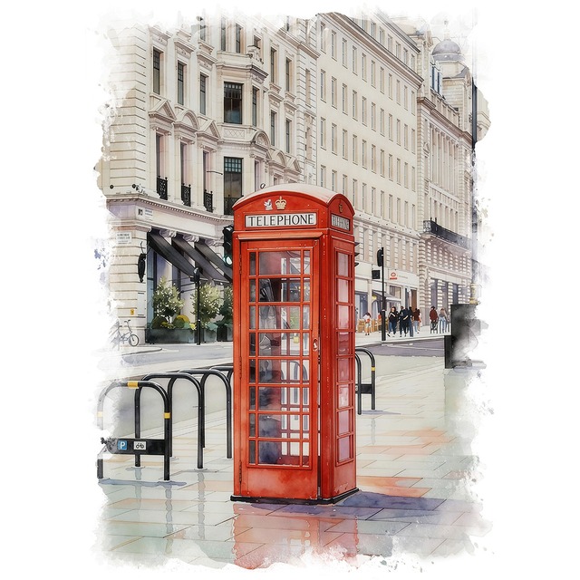 絵画 イギリス 風景画(街並み) ロンドンの電話ボックス インテリアアート額付き 水彩画・油絵調 WAT0196