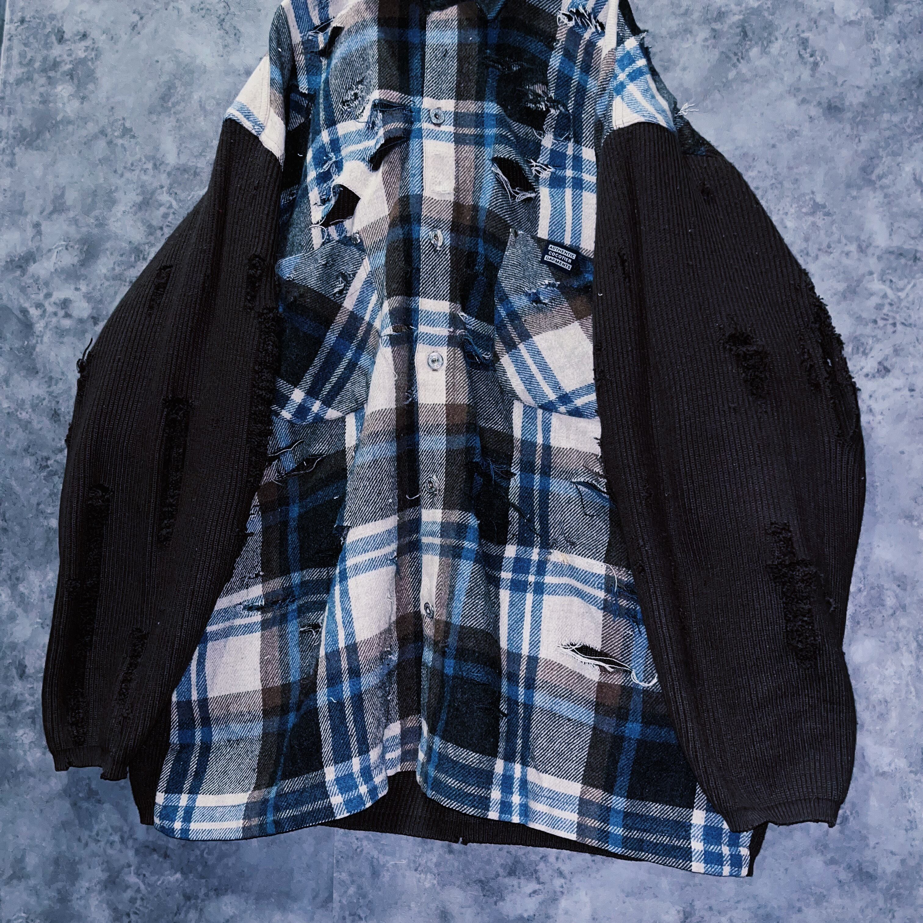 doppio】vintage knit switching design boro custom check shirt | ayne