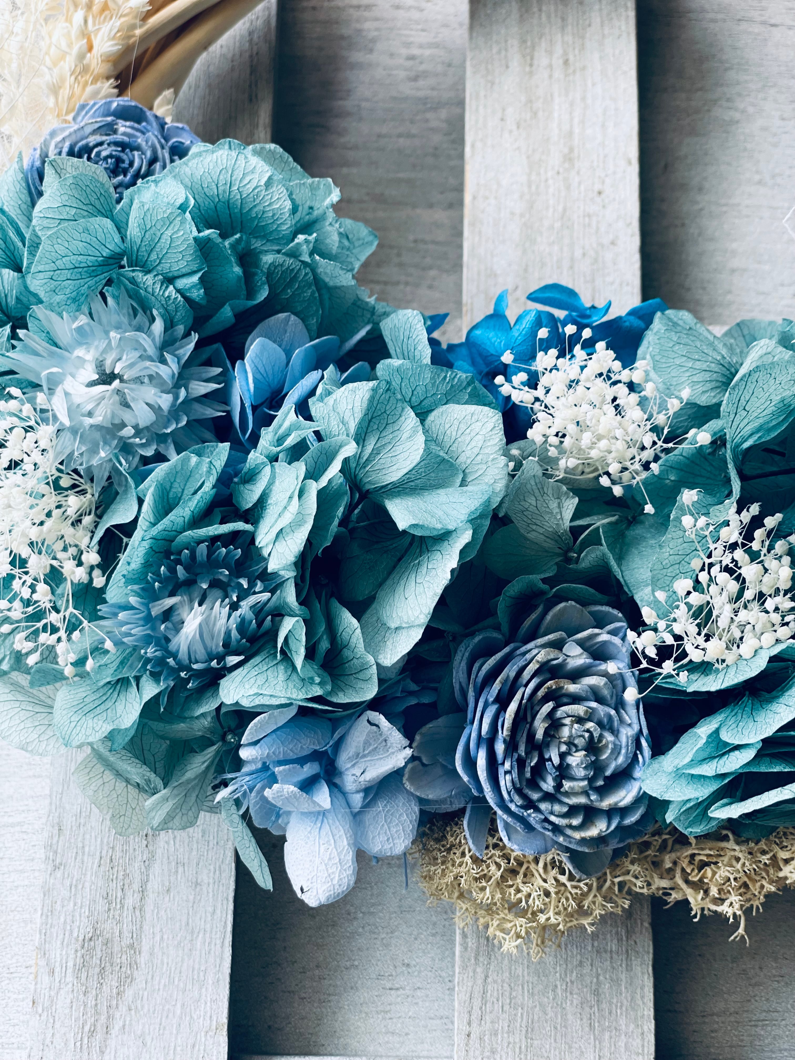 布花作品♡青い花いっぱいのリース 受注制作 ～青いリース～ リース はなさか兄さん 通販 11909500