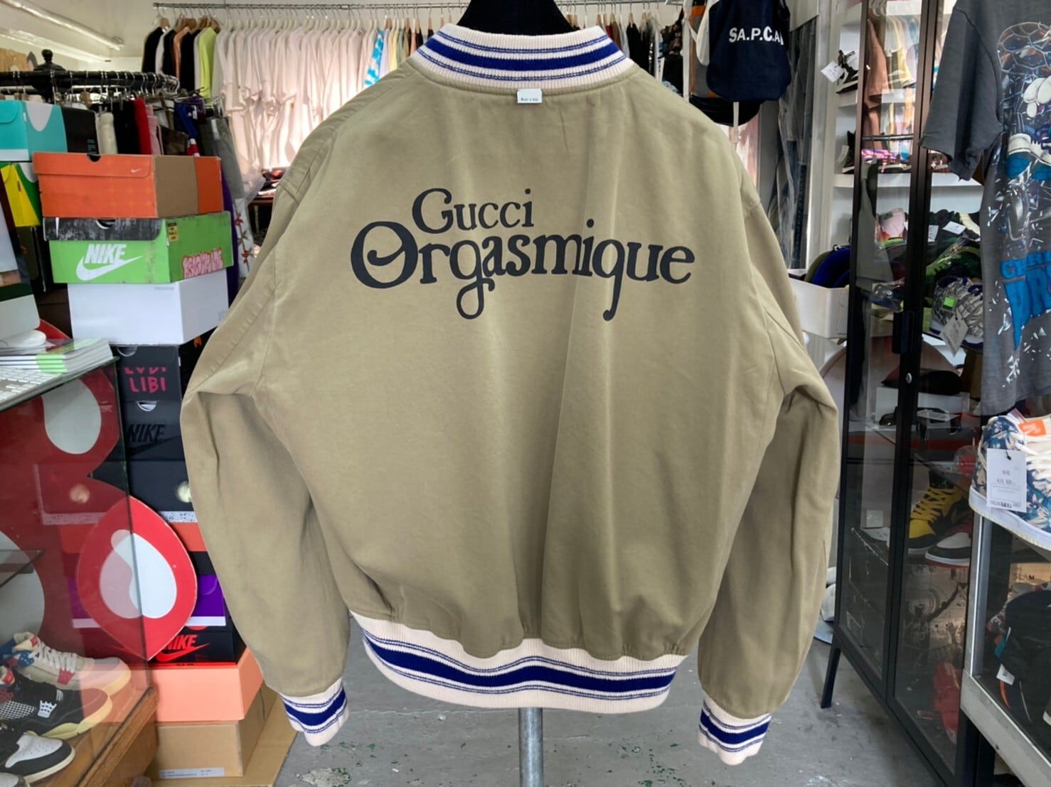 移転SALE GUCCI ORGASMIQUE REVERSIBLE BOMBER JACKET BLACK/L.OLIVE 