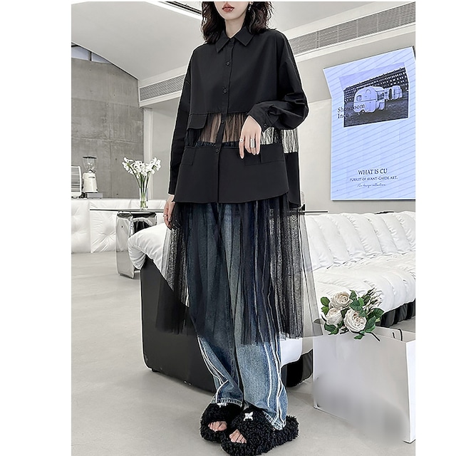 BLACK SEE-THROUGH MESH STITCH A-LINE MIDI SHIRT DRESS 1color M-6685