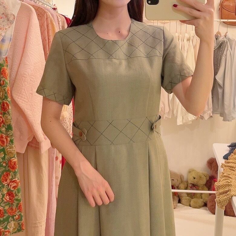 moss green check stitch one-piece