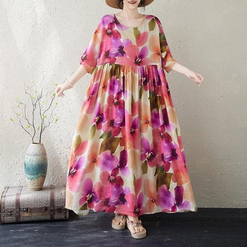 新品大きいサイズ春夏　半袖　ワンピース　ゆったり体型カバー　フレア　花柄　楽ちん