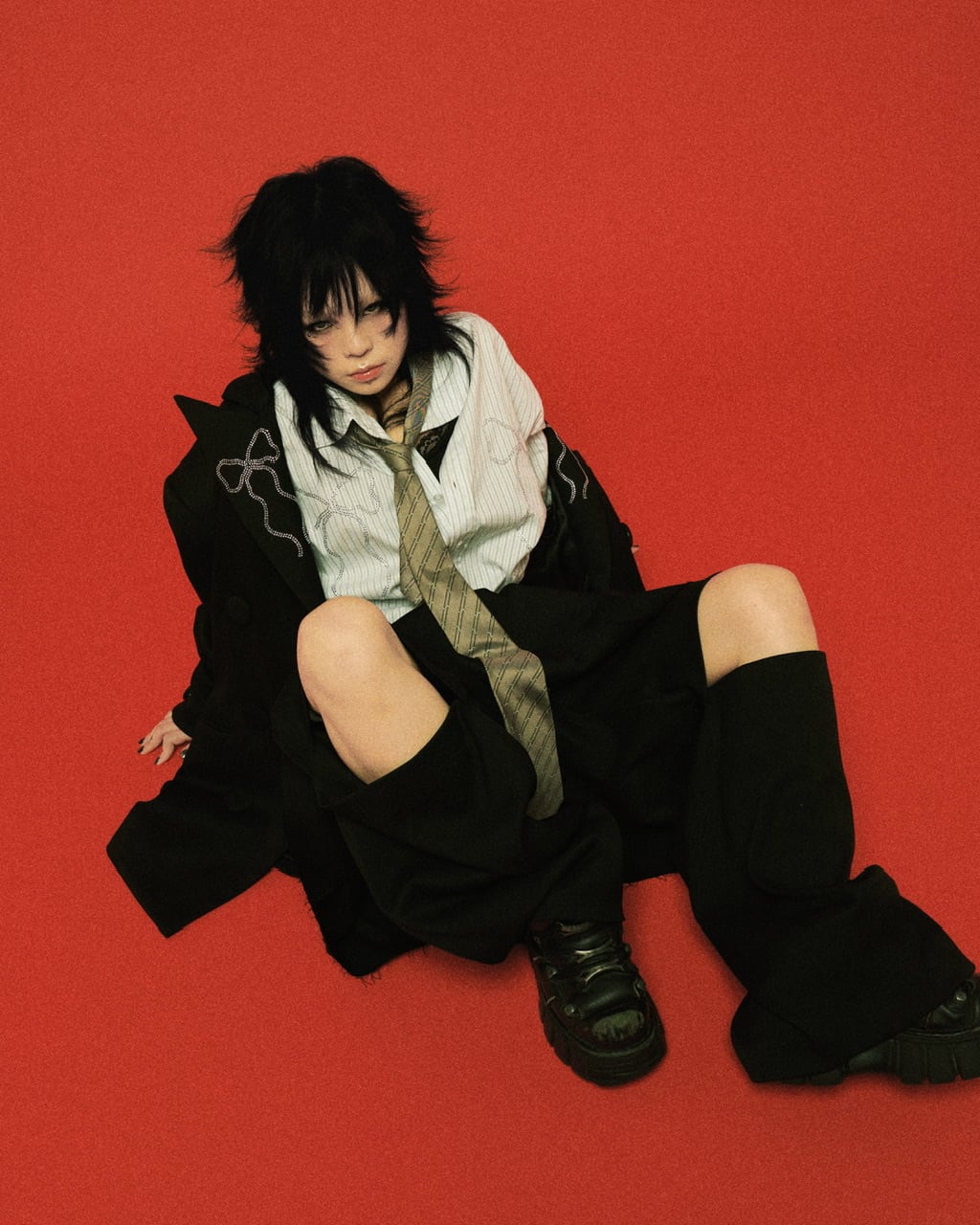 ピークドラペルリボンジャケット BLACK