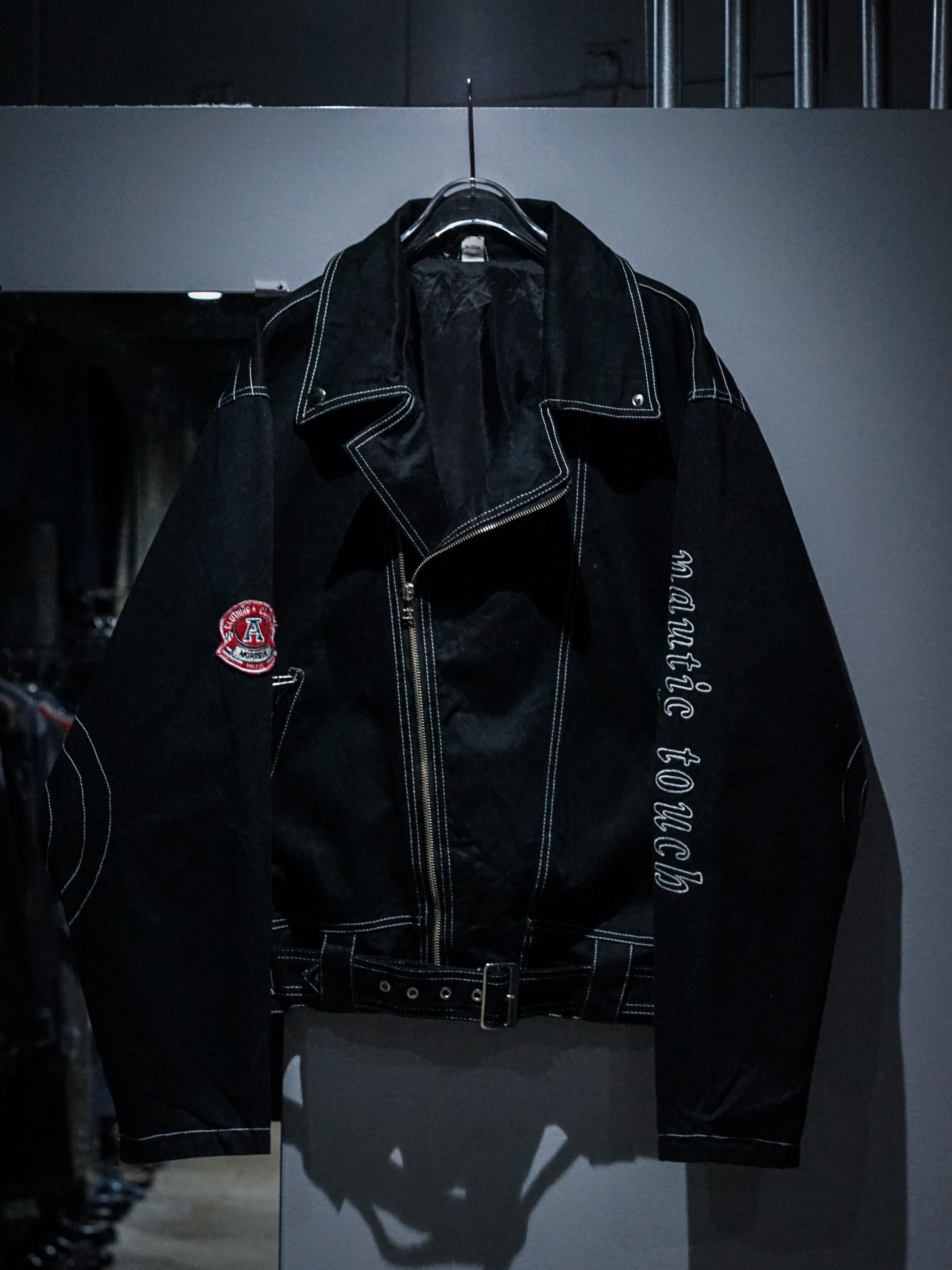 add (C) vintage】Black Denim Loose Double Riders Jacket | Caka 