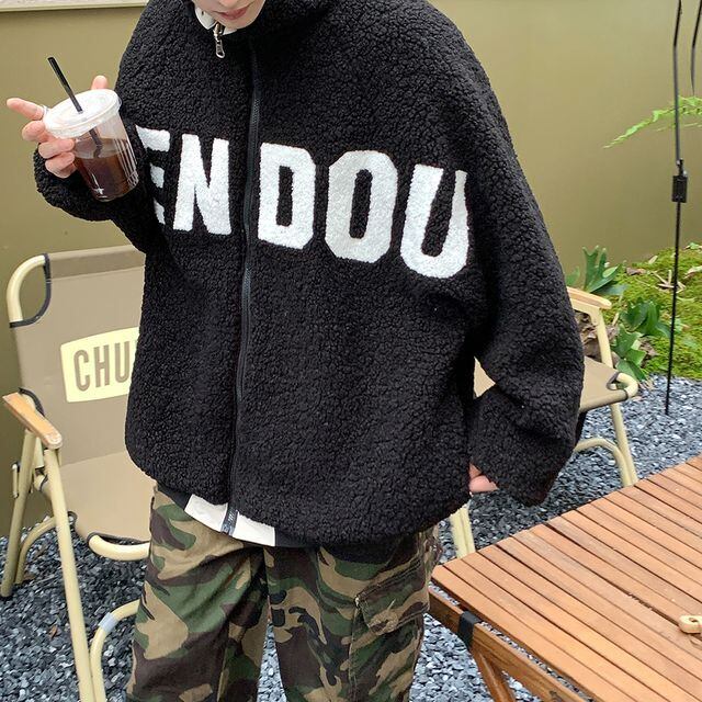 【予約販売】ボアブルゾン リバーシブル 2Way アウター 冬 胸ロゴ ジャケット ショート丈 メンズ シンプル ホワイト ブラック ベージュ 男前 こなれ感 お洒落 韓国 トレンド 秋 冬 S/M/L/XL/2XL