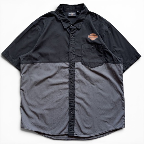 【HARLEY DAVIDSON】半袖ワークシャツ バイカラー メンズ 2XL ロゴ プリント ハーレーダビッドソン オーバーサイズ