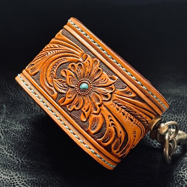 カービングチョークケース　小　ナチュラル&ダークブラウン　１ターコイズ