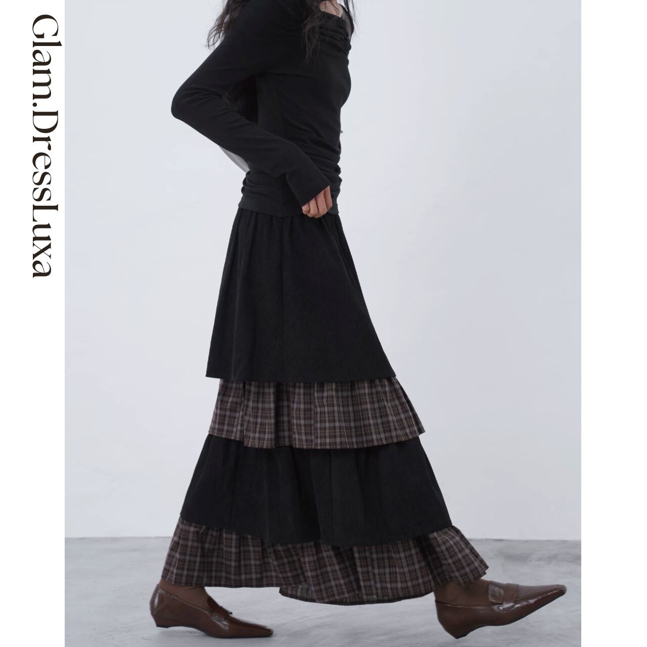 Check Tiered ロングスカート_S51