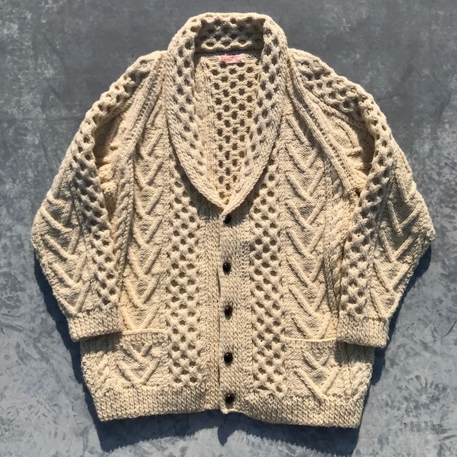 60's 70's アランニットカーディガン HAND KNIT フィッシャーマン 生成り ショールカラー 美品 L位 希少 ヴィンテージ