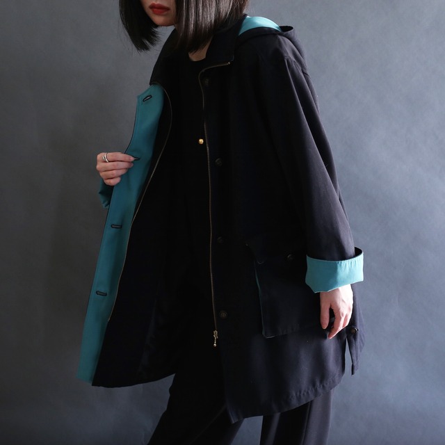 turquoise blue switching design zip-up and button jacket coat  with hooded