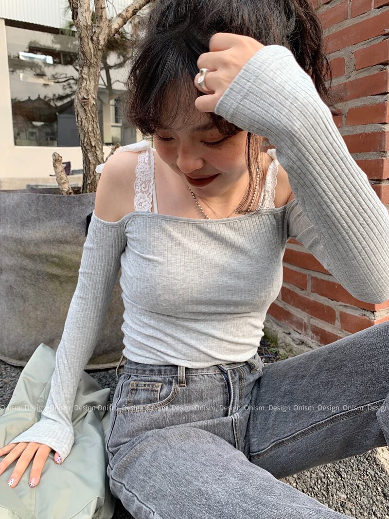 レースストラップ ストラップレスTシャツ トップス レディース ロング 大人ガーリー スウィート キュート カジュアル ビッグFスモールZ韓国71498448444