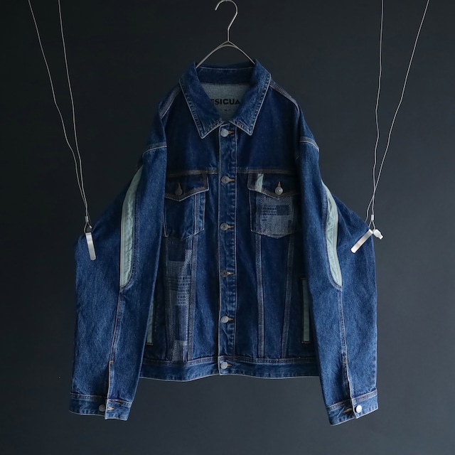 over silhouette embroidery & fabric switching design denim jacket
