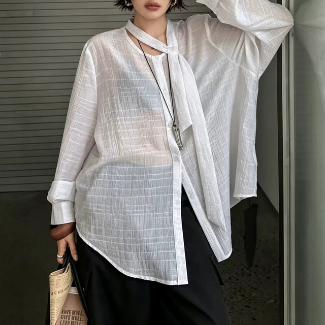 Sheer Crinkled Ribbon-Neck Shirt 01487