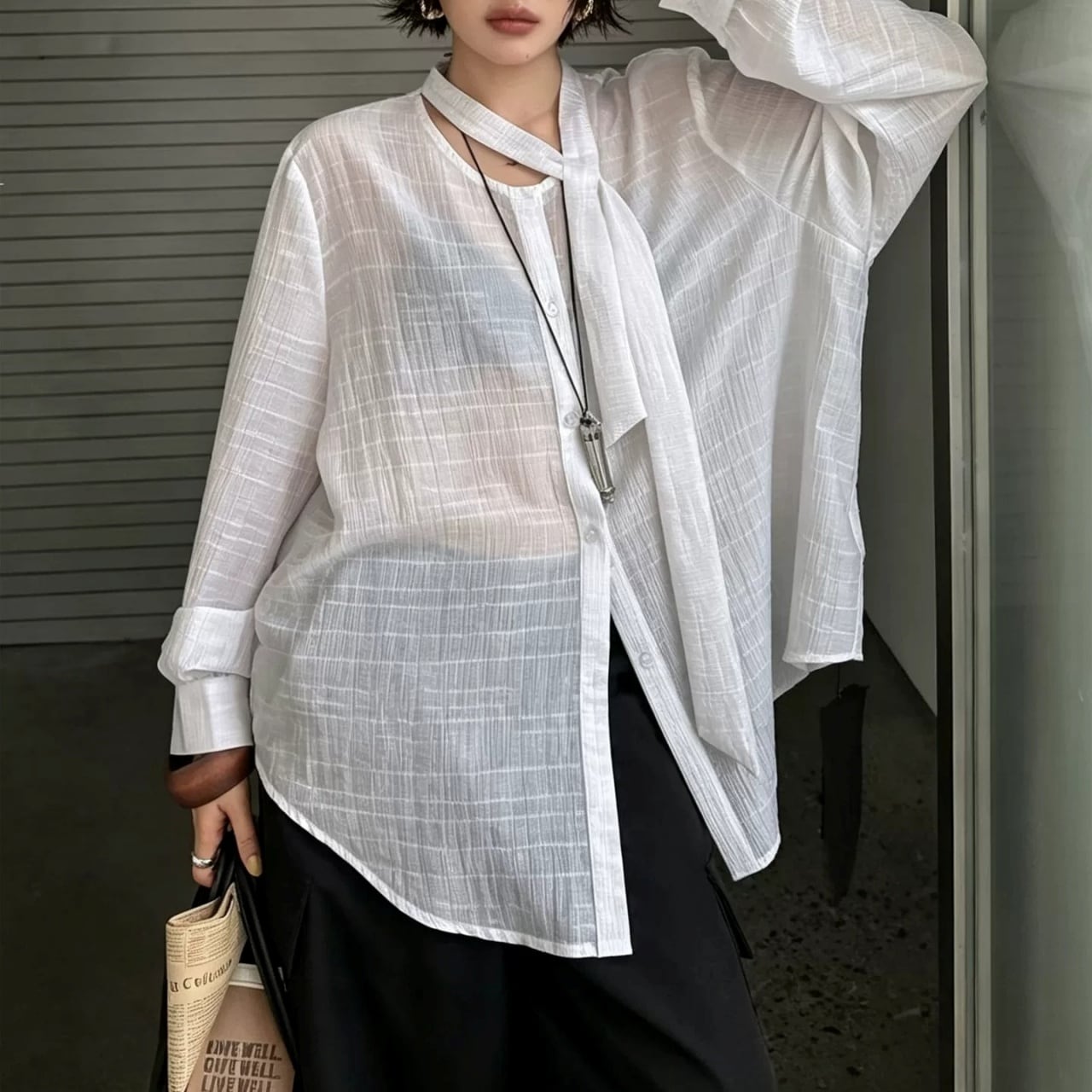 Sheer Crinkled Ribbon-Neck Shirt 01487