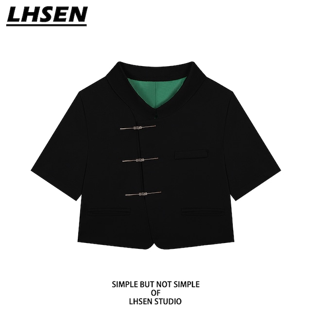 【LHSENシリーズ】★チャイナ風トップス★ シャツ 半袖 アウター ブラック 黒い レトロ 可愛い レディース 中華服