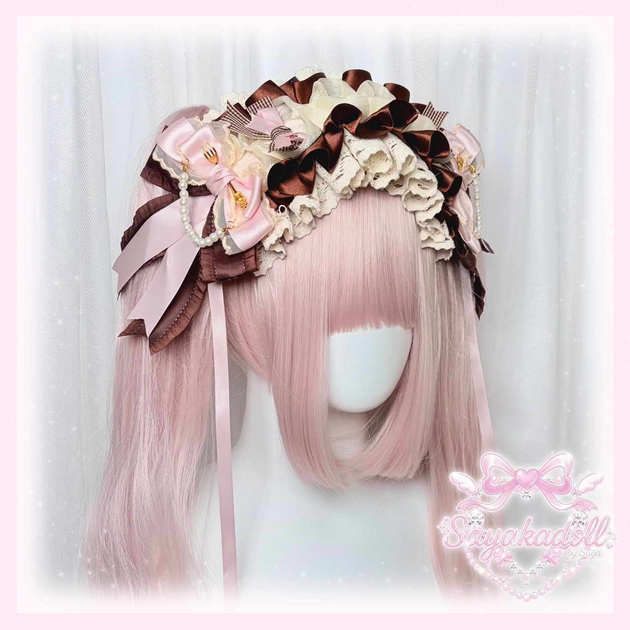 ♡【全3色】ミントチョコレート パールチェーン＆フリルレースリボン お茶会ヘッドドレス ♡