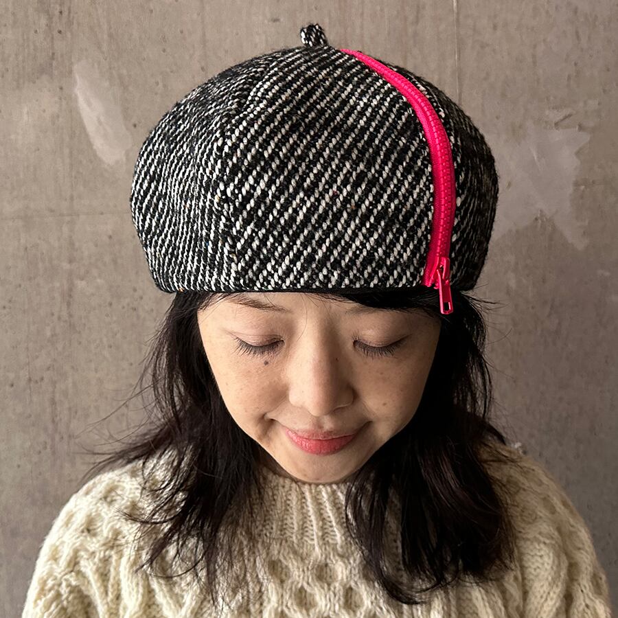Zipper beret ジッパー ベレー ツイード×ネオンピンク 帽子 ベレー帽