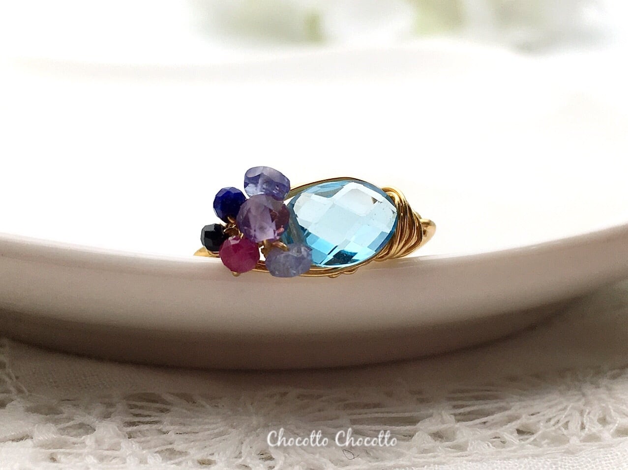 天然石 スイスブルートパーズ＆スモーキークォーツ ワイヤーラッピング