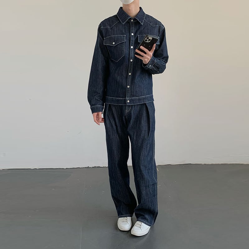 MION濃藍色のウォッシュ加工デニムパンツ | mblueshop