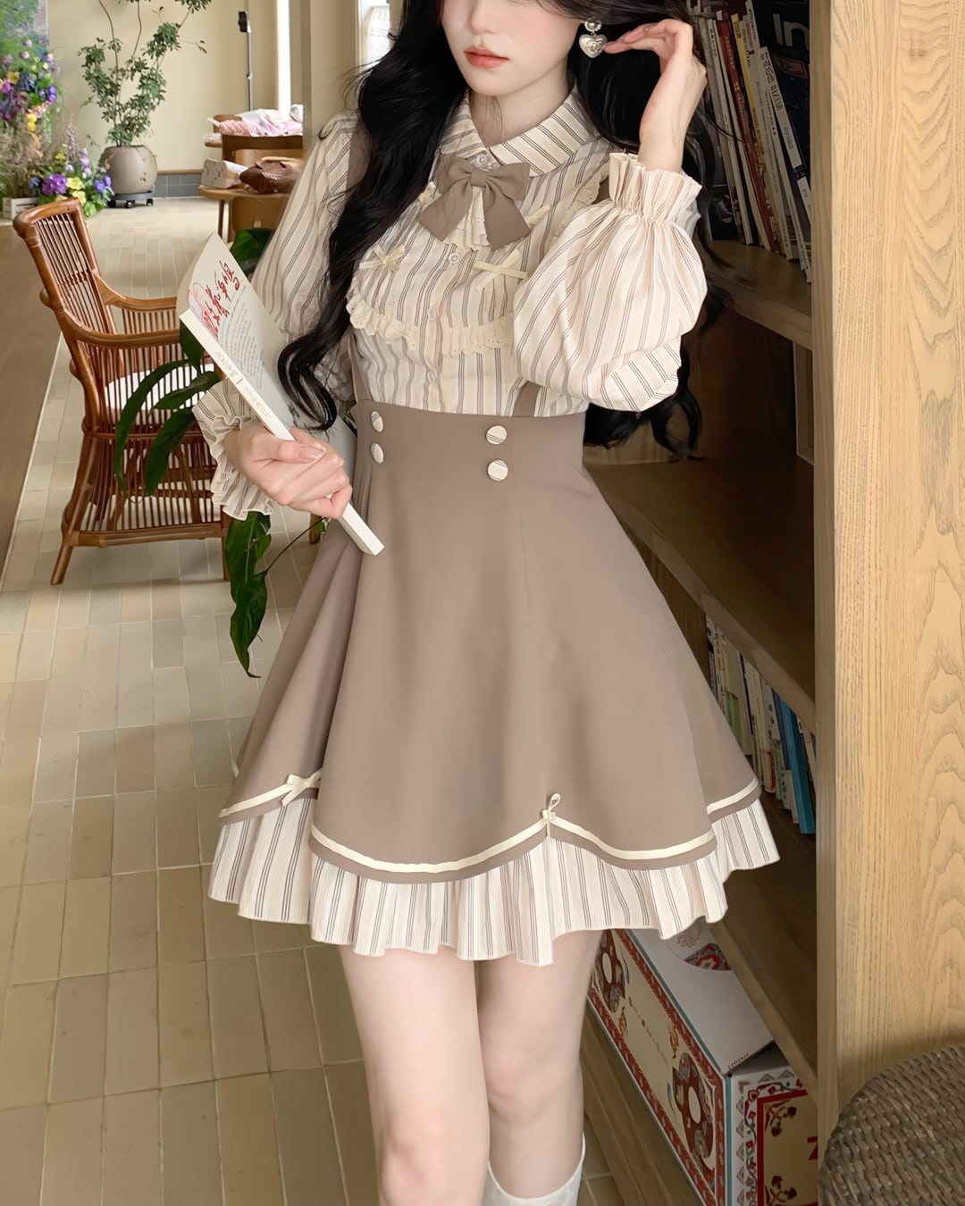 ココアリボンストライプシャツ&スカートセット 2507033