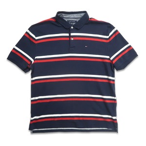 古着 TOMMY トミーヒルフィガー 半袖ポロシャツ ワンポイント ボーダー ネイビー 表記：XL　gd402397n w40425