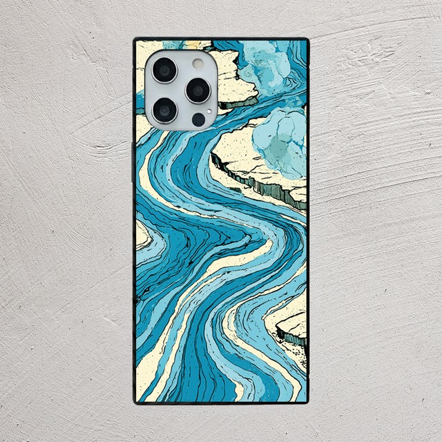 受注生産 iPhoneケース 水色の流線水面マーブル｜紙マーブリング MARB004C