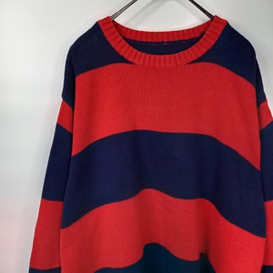 クルーネック　コットンニット　セーター　無地　中厚手　ボーダー　オーバーサイズ　レッド　XL