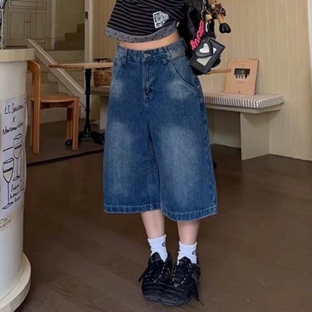 手描きグラフィックプリントデニムルーズハーフパンツ   R00119
