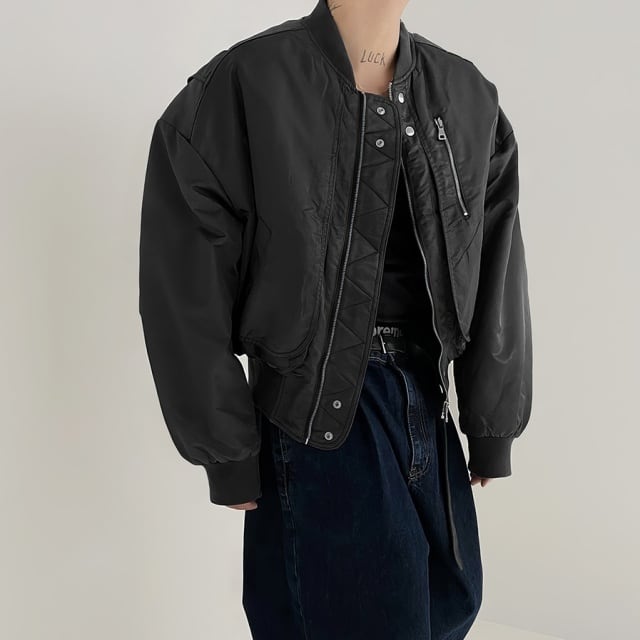 【予約販売】ブルゾン MA-1 ジップアップ ショート丈 無地 シンプル ブラック ベージュ 黒 防寒 ジャケット ベーシック メンズ カジュアル 男前 こなれ感 お洒落 韓国 トレンド 秋 冬 M/L/XL