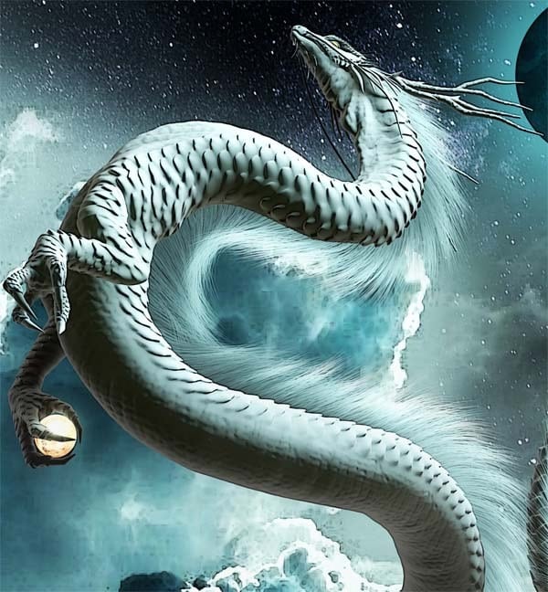 龍の絵。 龍の絵「三日月と白龍（暗め」A4 竜の絵 | 龍の絵