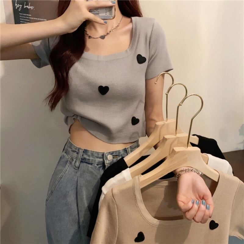 Tシャツ シャツ ショートサマーホワイトスリムニットトップス 夏物 スクウェア YY-ファッション19661930569