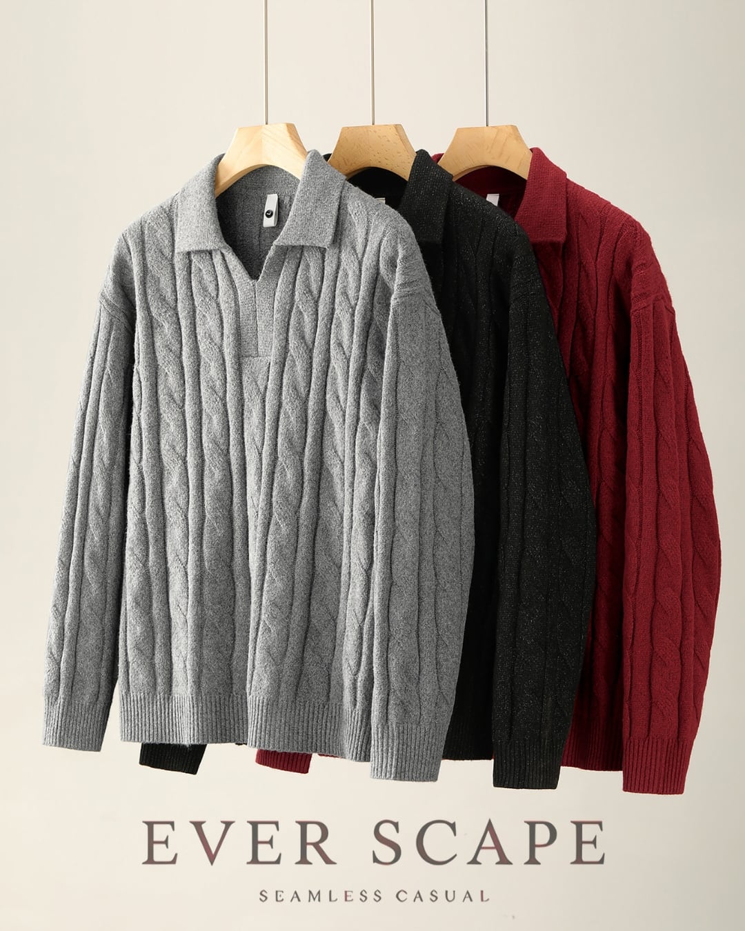 ケーブル編み 襟付きニットプルオーバー 3色 A0171