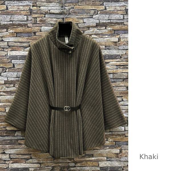 ストライプ フランネル ポンチョ 取り外し可能ベルト付き 3色展開