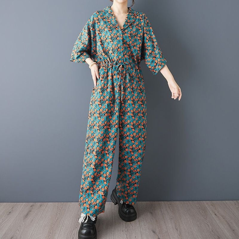 PRINT DRAWSTRING V-NECK CINCHED LONG JUMPSUIT M-18079