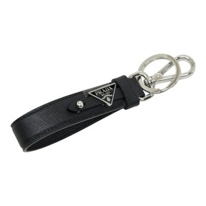 プラダ 三角ロゴプレート キーリング キーホルダー バッグチャーム ブラック サフィアーノレザー レディース PRADA 中古