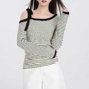 one-shoudler border ribbon cutsew m1356