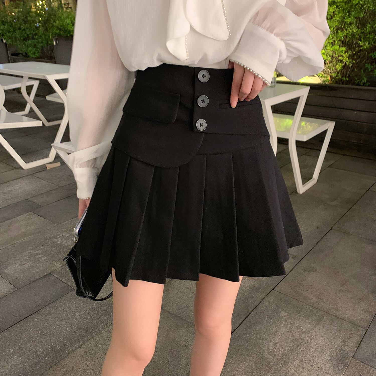 ウェストスタンダードスタイルプリーツAラインショートスカート サマーブラック レトロ 夏物 6Du_Shop_Women25507343767