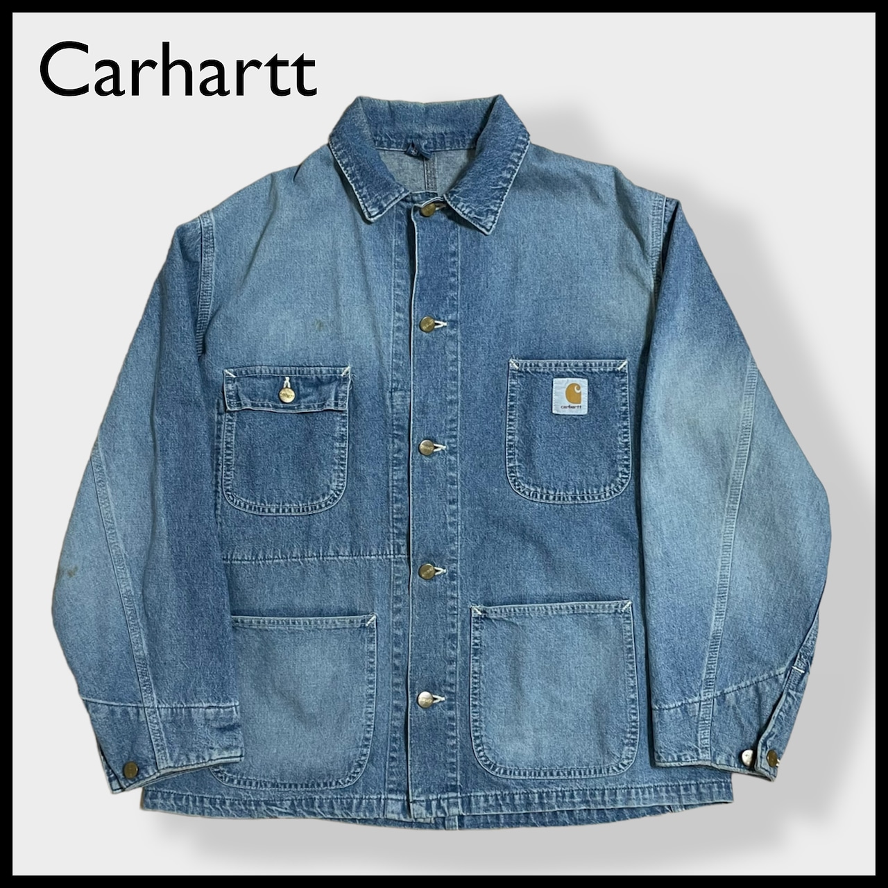 【Carhartt】90s カバーオール デニムジャケット ミシガンコート ワンポイント Cロゴ 刺繍 スクエアラベル カーハート US古着