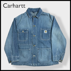 【Carhartt】90s カバーオール デニムジャケット ミシガンコート ワンポイント Cロゴ 刺繍 スクエアラベル カーハート US古着