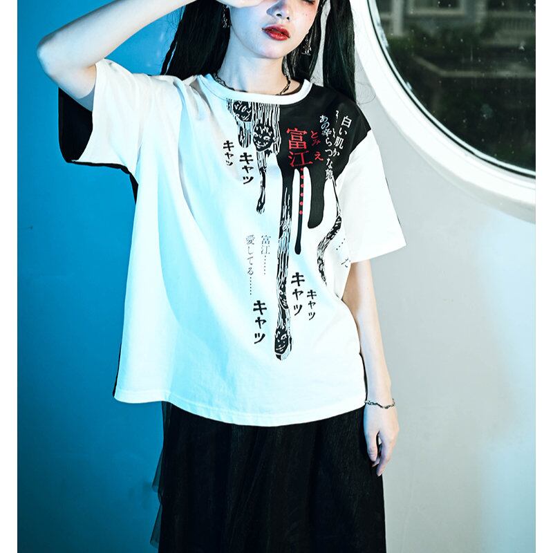 天使と悪魔 古怪舎 サブカル服 伊藤潤二 コラボ 富江柄 Tシャツ 半袖 サブカル系 漫画 サブカル 中華服 チャイナ服 控えめ 普段使い 天使と悪魔 サブカル系ファッション Seasonz