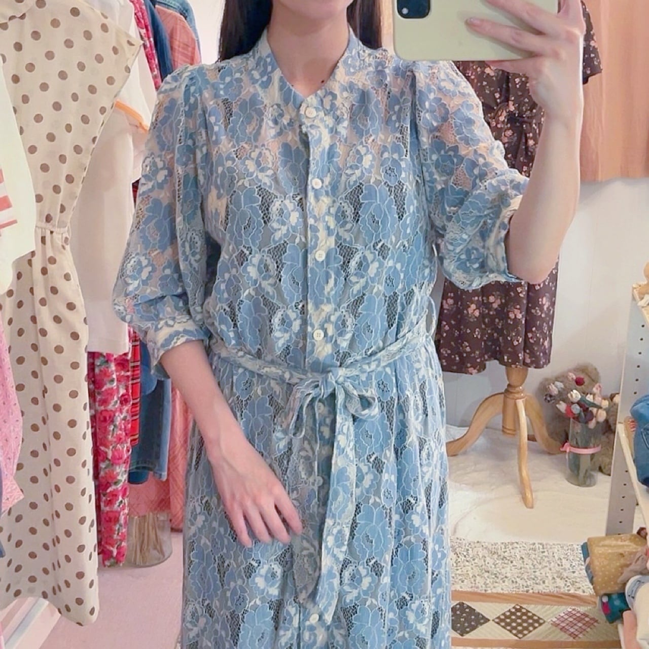dusty blue flower lace one-piece